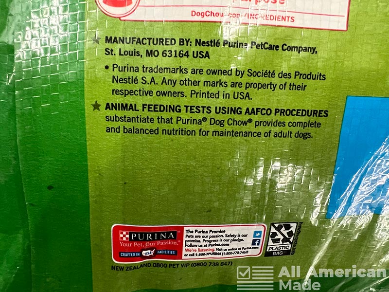 Back of Purina Dog Food Bag Showing Where it is Manufactured