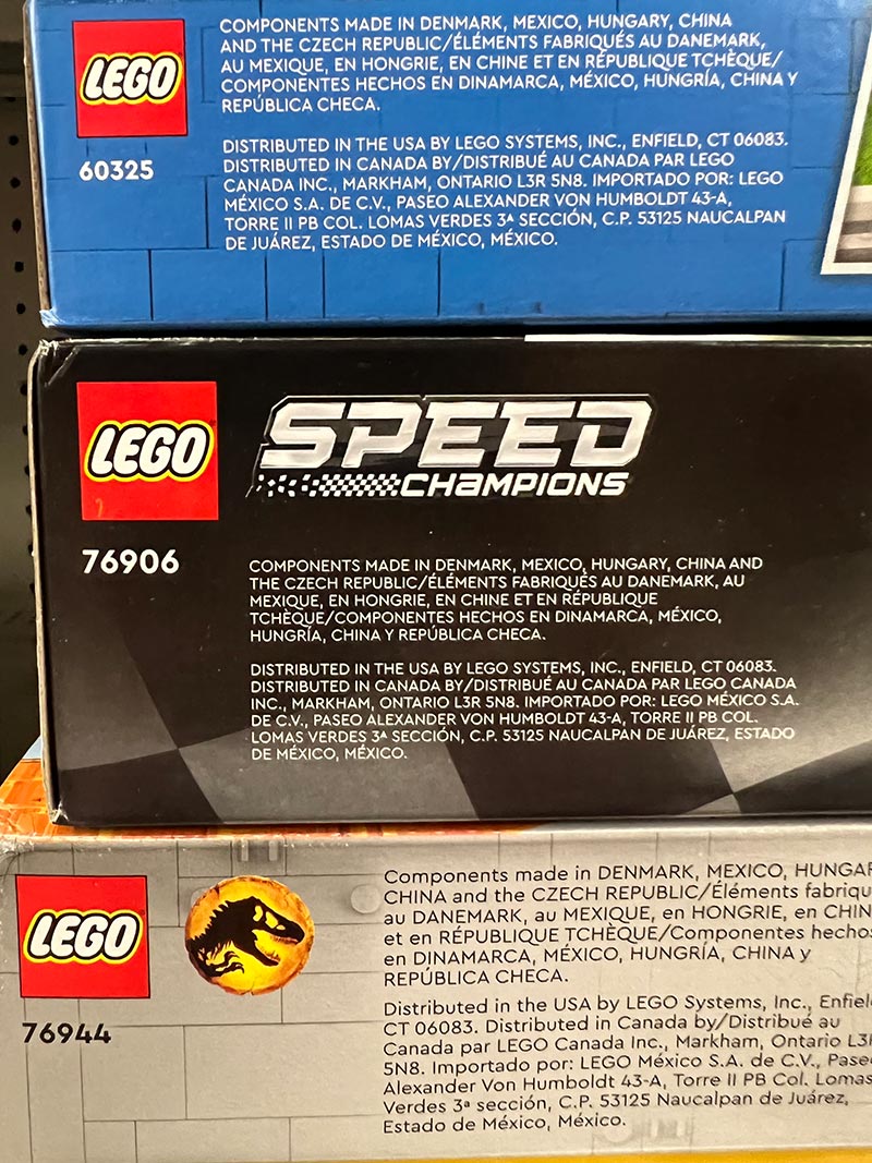 Three Lego boxes showing where they are made