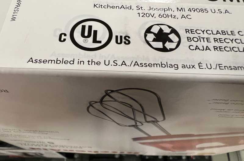 Assembled in USA Sticker on Mixer Box