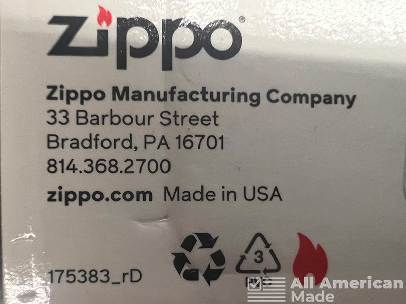 Back of Zippo Packaging with Manufacturing Information Displayed