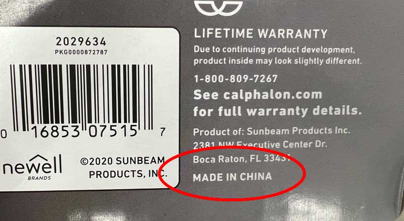 Calphalon Cookware Set Packaging Showing Made in China