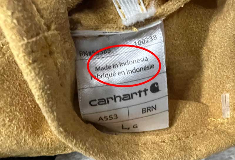 Carhartt Gloves Tag Showing Made in Indonesia