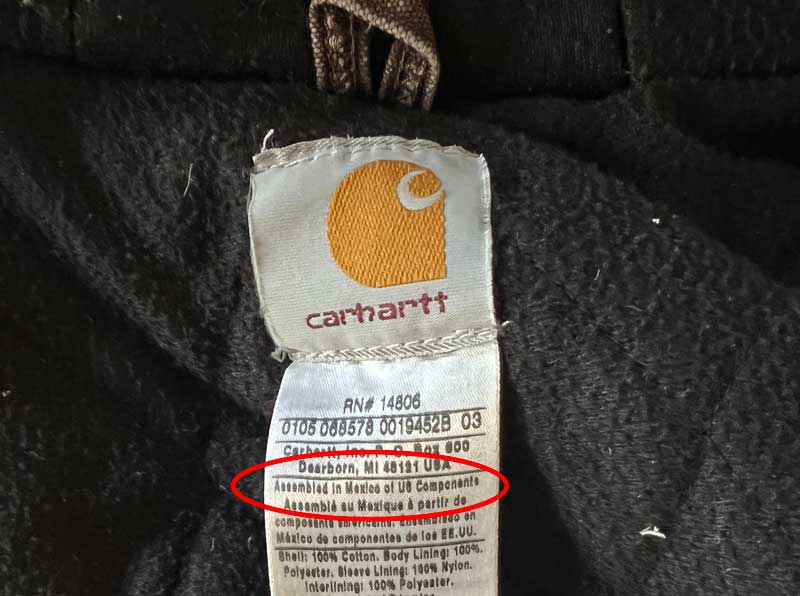Carhartt Jacket Tag Saying Assembled in Mexico of US Components