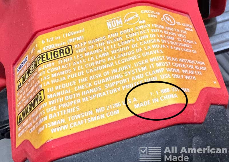 Craftsman Power Tool Label Showing Made in China