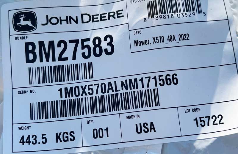 John Deere Tractor Label Showing Made in USA