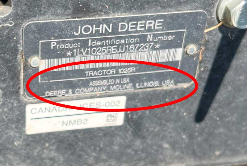 John Deere Tractor Tag Showing It's Made in Illinois