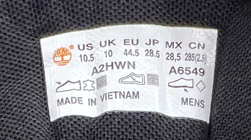 Made in Vietnam Label Showing on Timberland Boots Tag