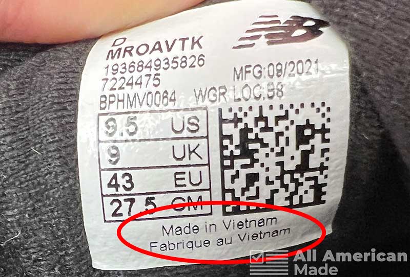 New Balance Shoe Label Showing Made in Vietnam