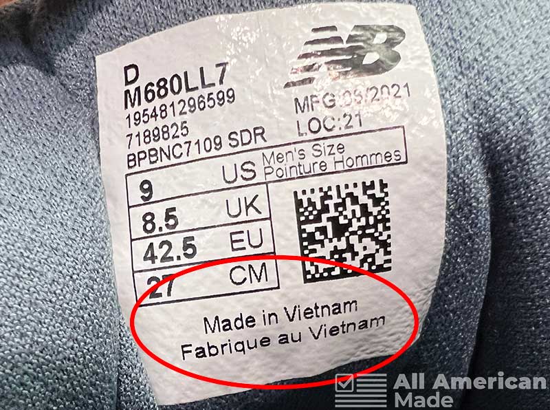 New Balance Shoes Tag Showing Made in Vietnam