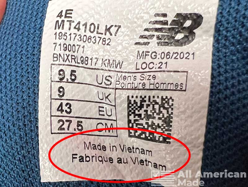 Tag on New Balance Shoes Showing Made in Vietnam