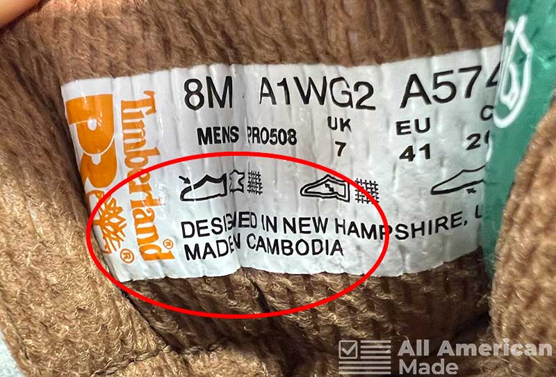 Timberland Boots Label Showing They're Made in Cambodia