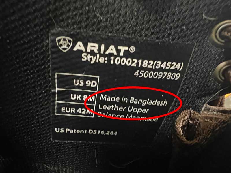 Ariat Boots Tag Made in Bangladesh
