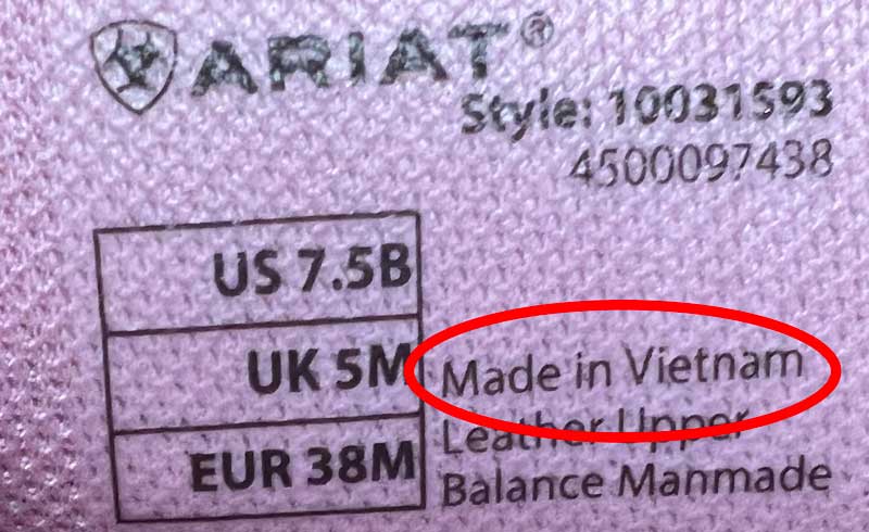 Ariat Boots Tag Showing Made in Vietnam