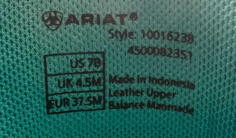 Made in Indonesia Tag on Ariat Boots