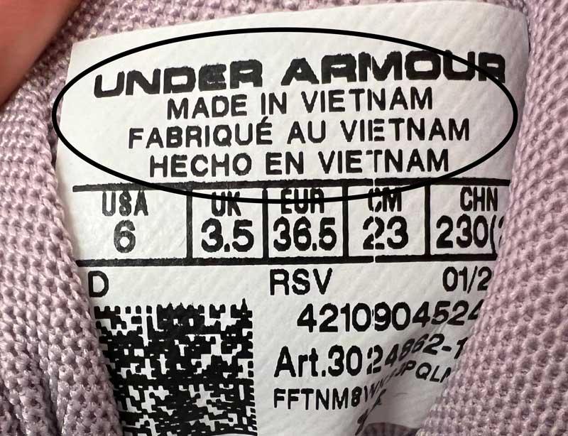 Pink Under Armour Shoes Tag That Show Made in Vietnam
