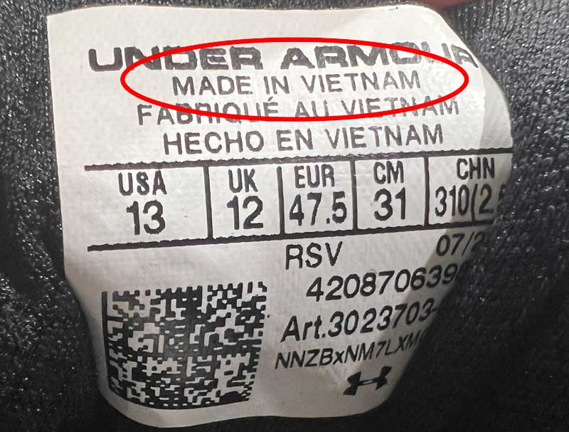 Under Armour Shoes Showing Made in Vietnam