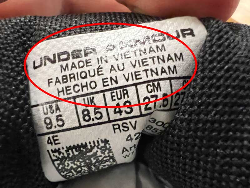 Under Armour Shoes Tag Showing Made in Vietnam