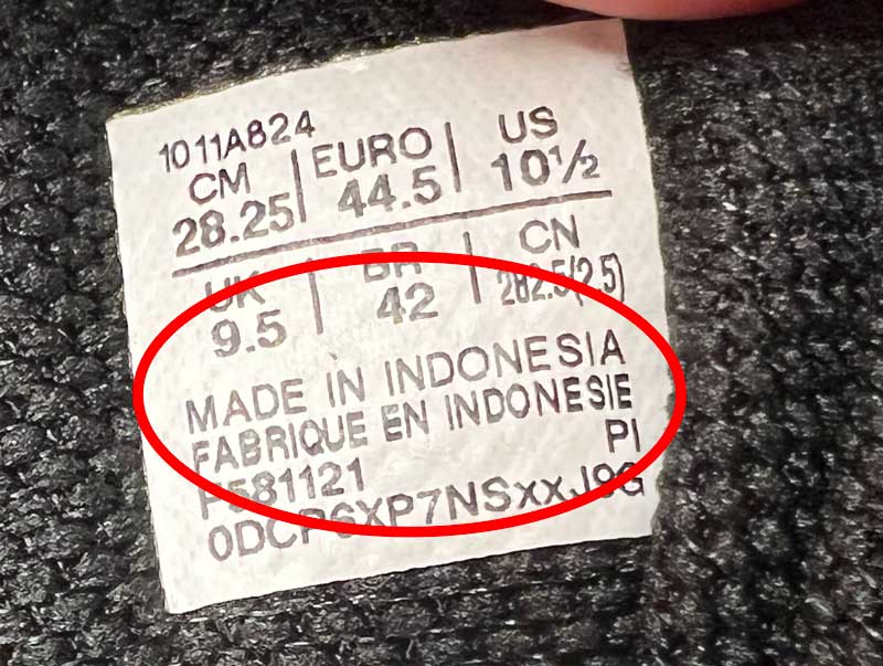 Asics Running Shoe Tag Showing Made in Indonesia