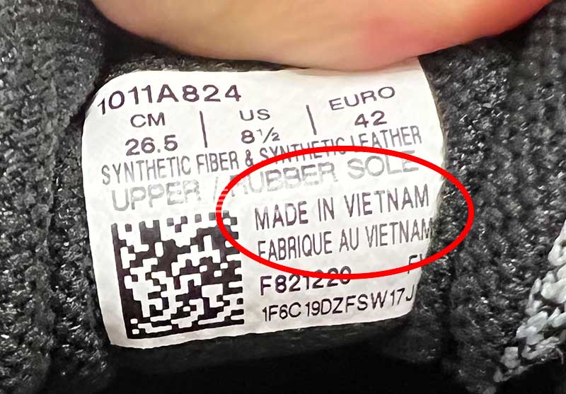 Asics Shoe Tag Showing Made in Vietnam