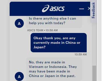 Asics Support Saying That None of Their Shoes Are Currently Made in China or Japan