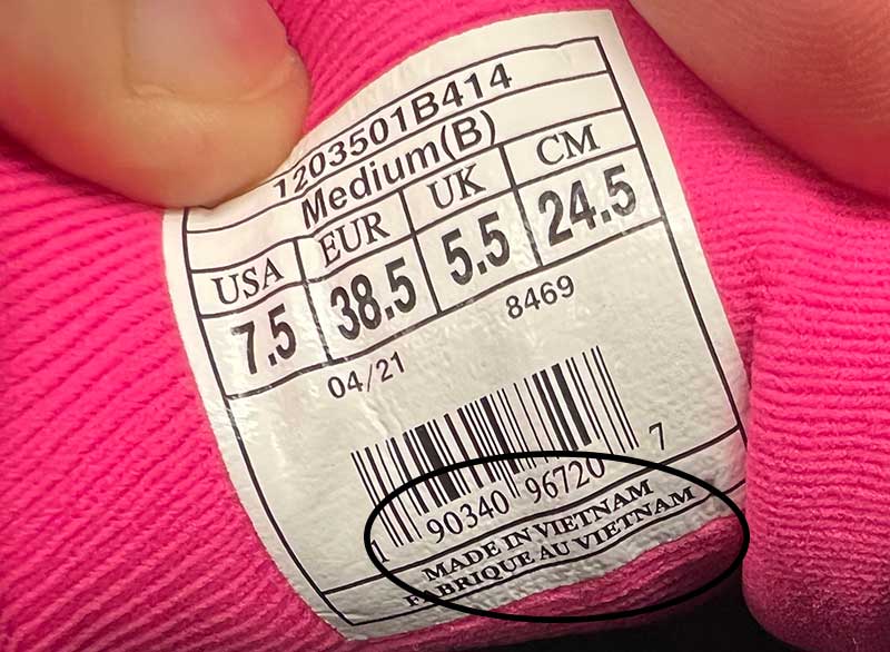Brooks Shoe Tag Showing Made in Vietnam