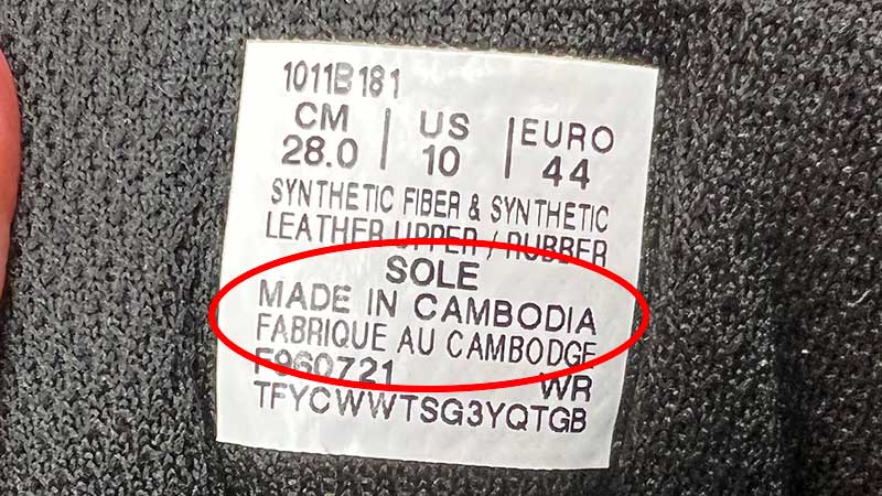 Made in Cambodia Label on Asics Shoes