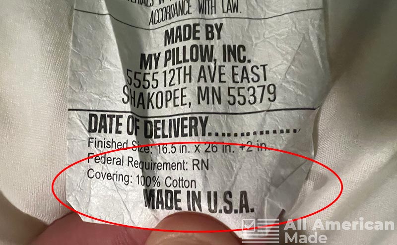My Pillow Label Showing it's Made in the USA