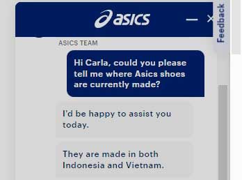 Screenshot of Asics Support Saying Where Their Shoes Are Made
