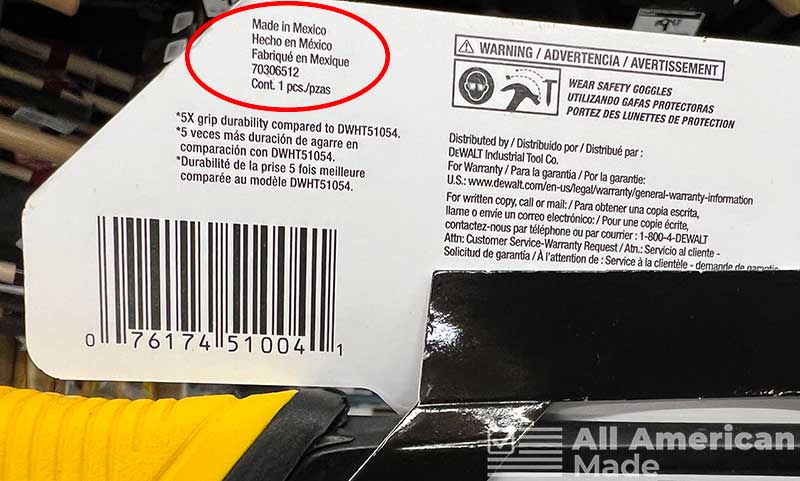 DeWalt Hammer Packaging Showing Made in Mexico