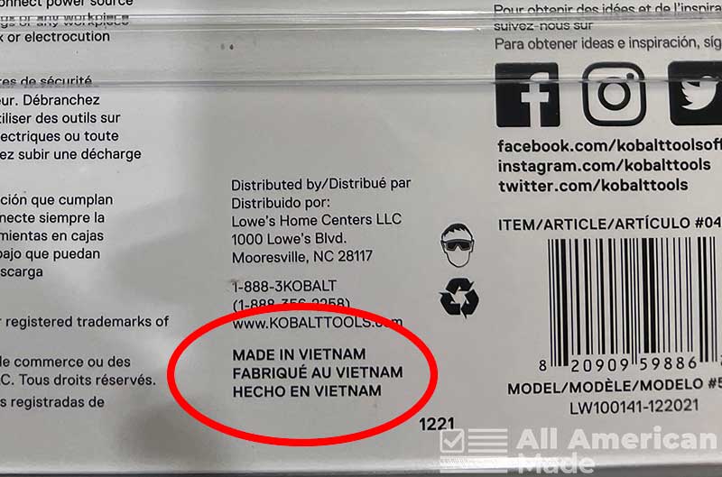 Kobalt Packaging Showing Made in Vietnam