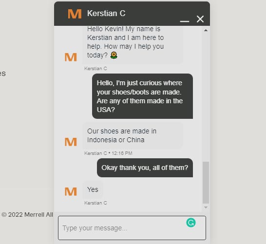 Screenshot Showing no Merrell Shoes Are Made in the USA