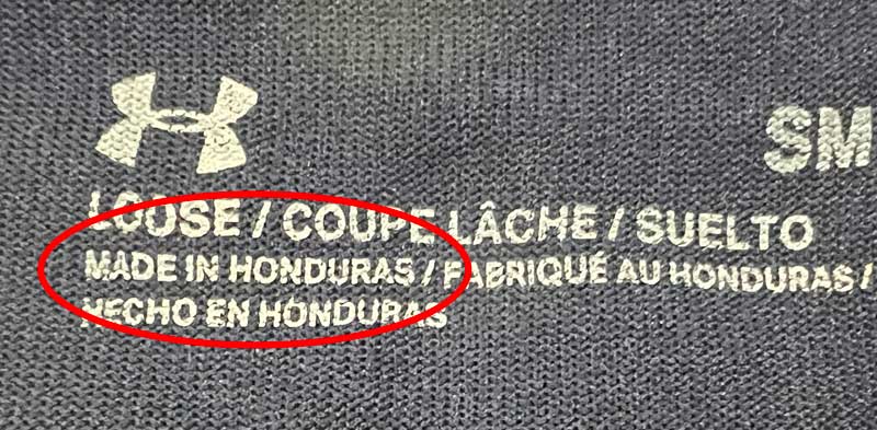 Under Armour Shirt Showing Made in Honduras