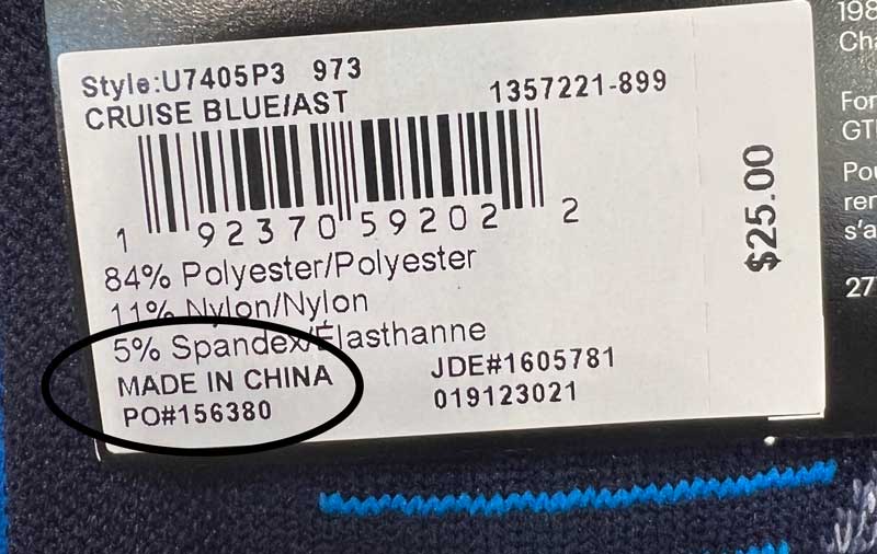 Under Armour Socks Tag Showing Made in China