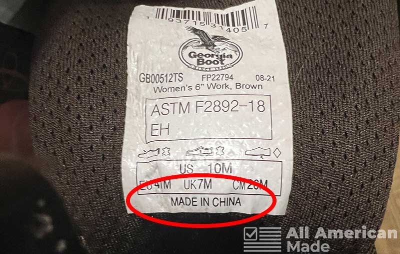 Georgia Boots Tag Showing Made in China