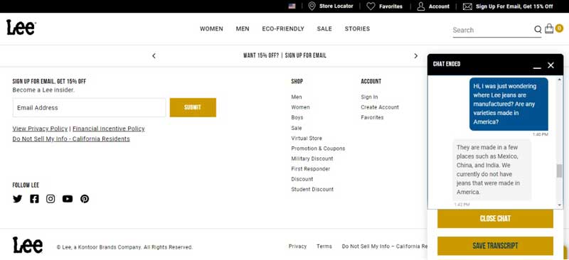 Photo of Me Asking Lee Customer Support Where Their Jeans Are Made