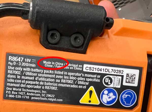 Another Ridgid Power Tool Label Showing Made in China
