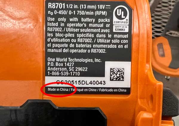 Ridgid Power Tool Label Showing Made in China